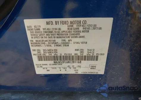 2019 Ford Ecosport S z USA, uszkodzony, nr VIN MAJ6S3FL6KC281168